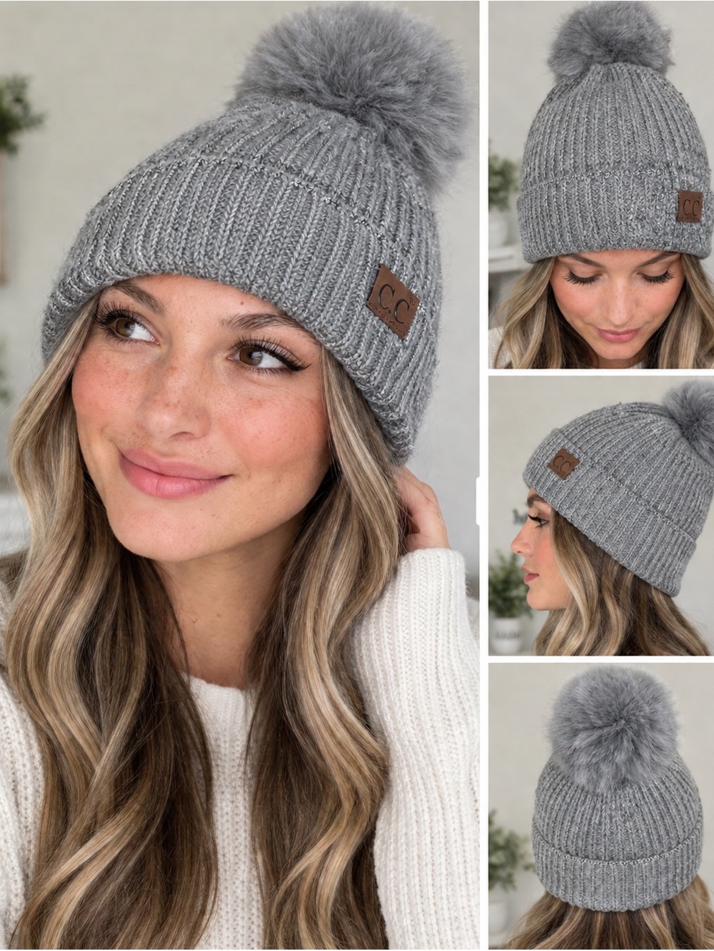 C.C. Boutique Gray Knit Hat with Pom-Pom